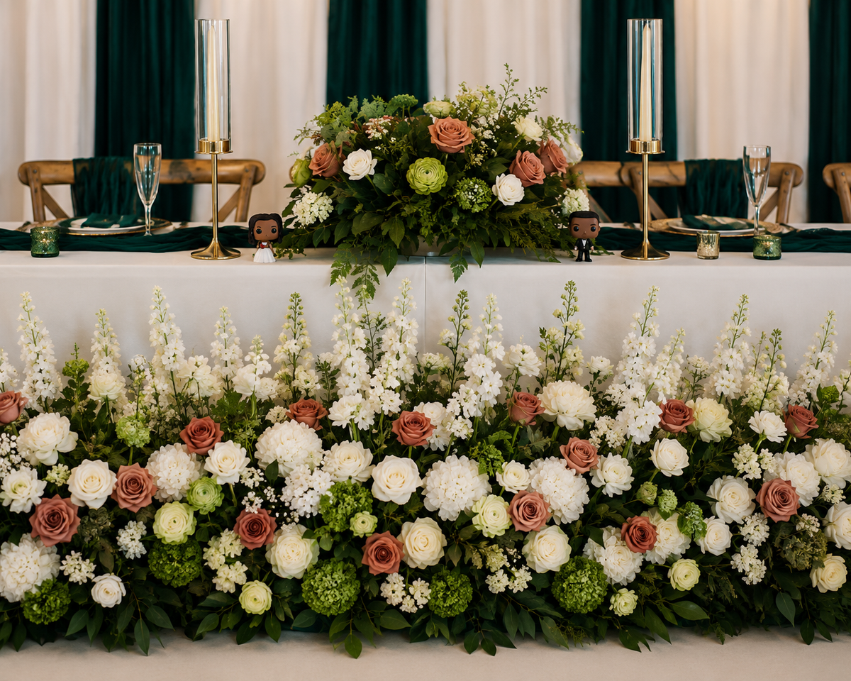 A long floral arrangement in white, blush pink, and green flowers runs along the front of a white-draped table, with matching floral centerpieces and tall clear glass candlesticks in the background.